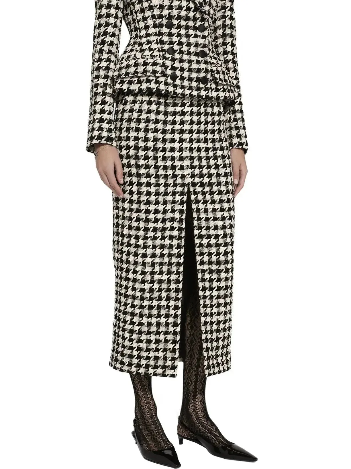 Black and White Houndstooth Split Midi Skirt