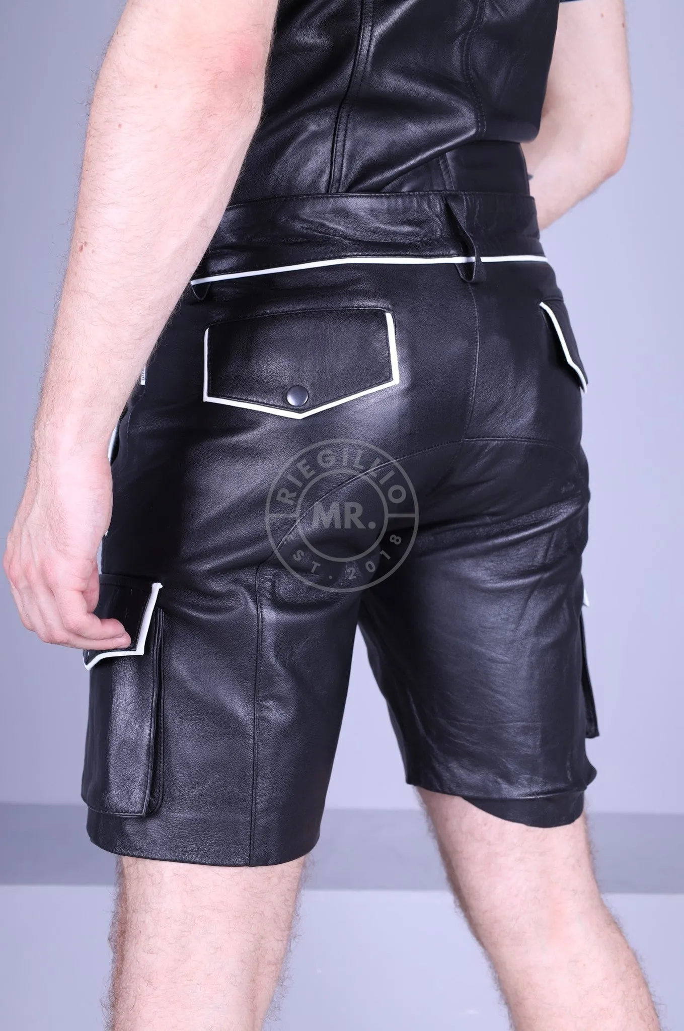 Black Leather Cargo Short - White Piping
