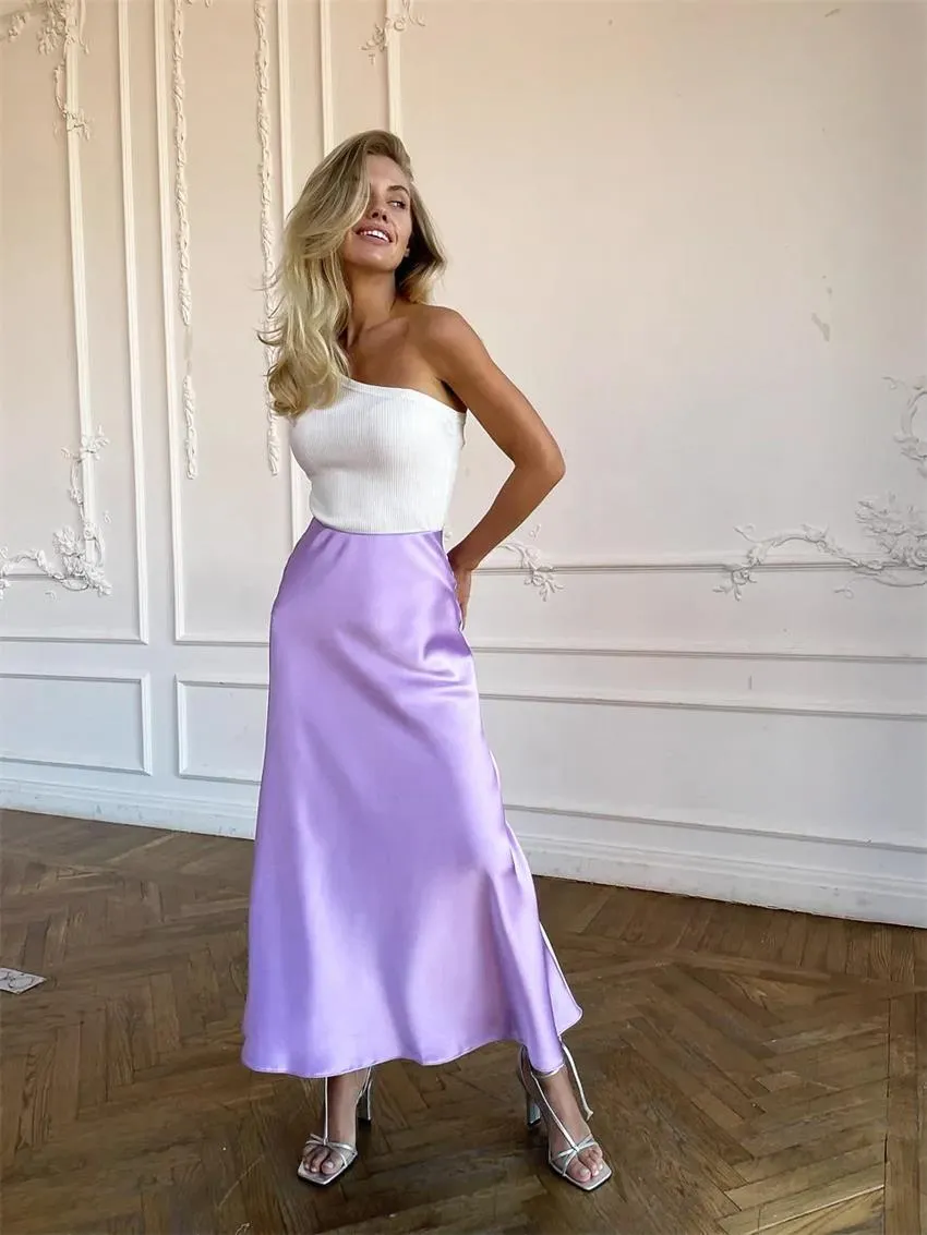 Elegant Women's Skirts Korean Fashion Satin Silk A-line Skirt Office Black Champagne Long Summer Skirts