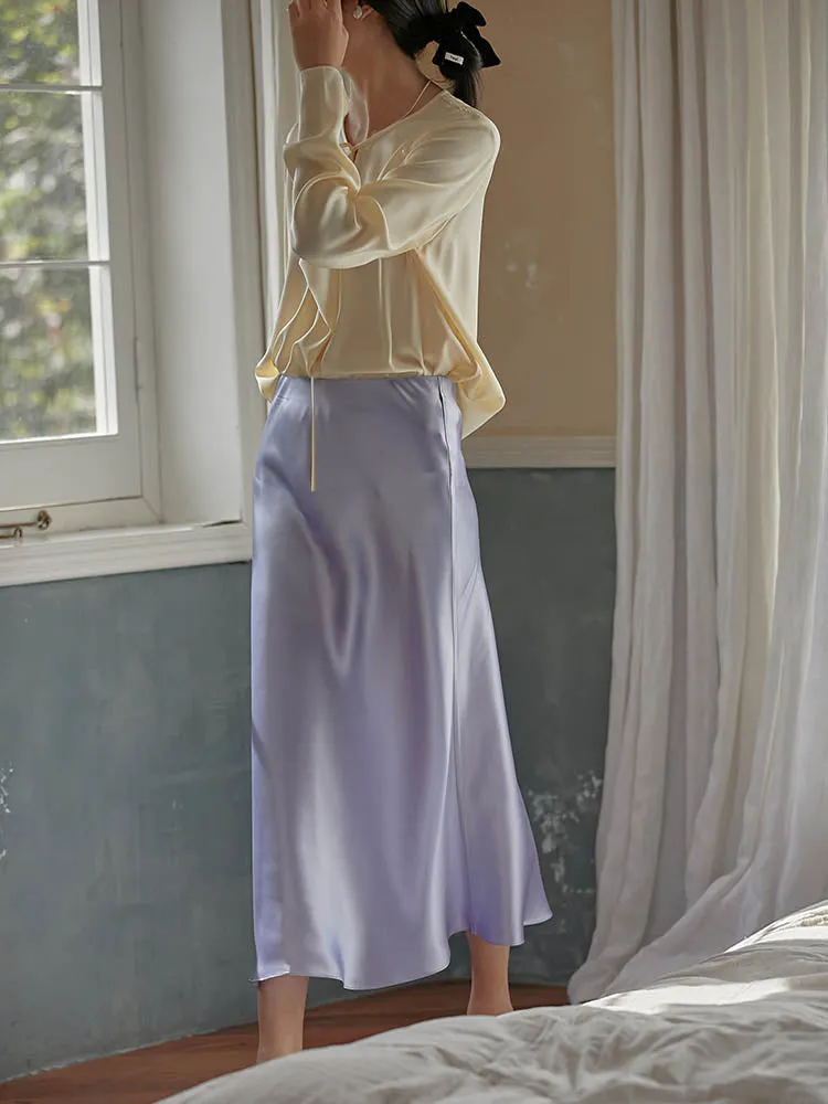 Elegant Women's Skirts Korean Fashion Satin Silk A-line Skirt Office Black Champagne Long Summer Skirts