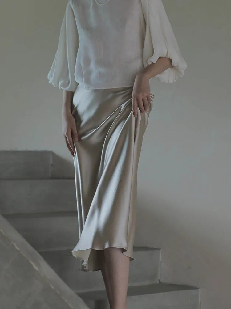 Elegant Women's Skirts Korean Fashion Satin Silk A-line Skirt Office Black Champagne Long Summer Skirts