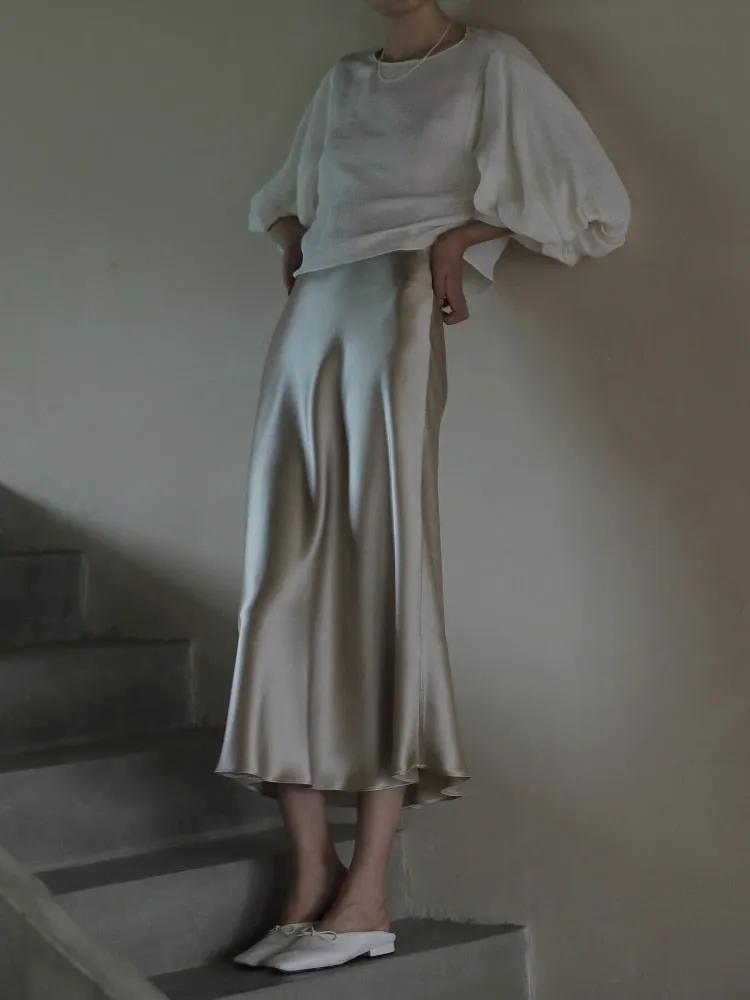 Elegant Women's Skirts Korean Fashion Satin Silk A-line Skirt Office Black Champagne Long Summer Skirts