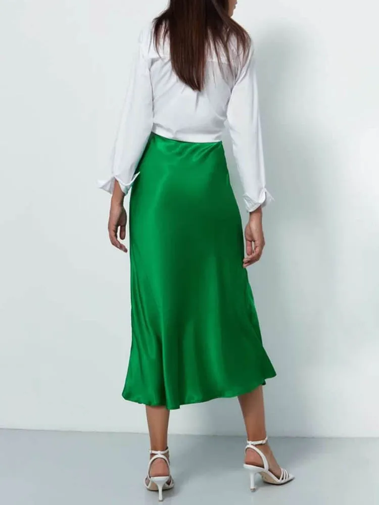 Elegant Women's Skirts Korean Fashion Satin Silk A-line Skirt Office Black Champagne Long Summer Skirts