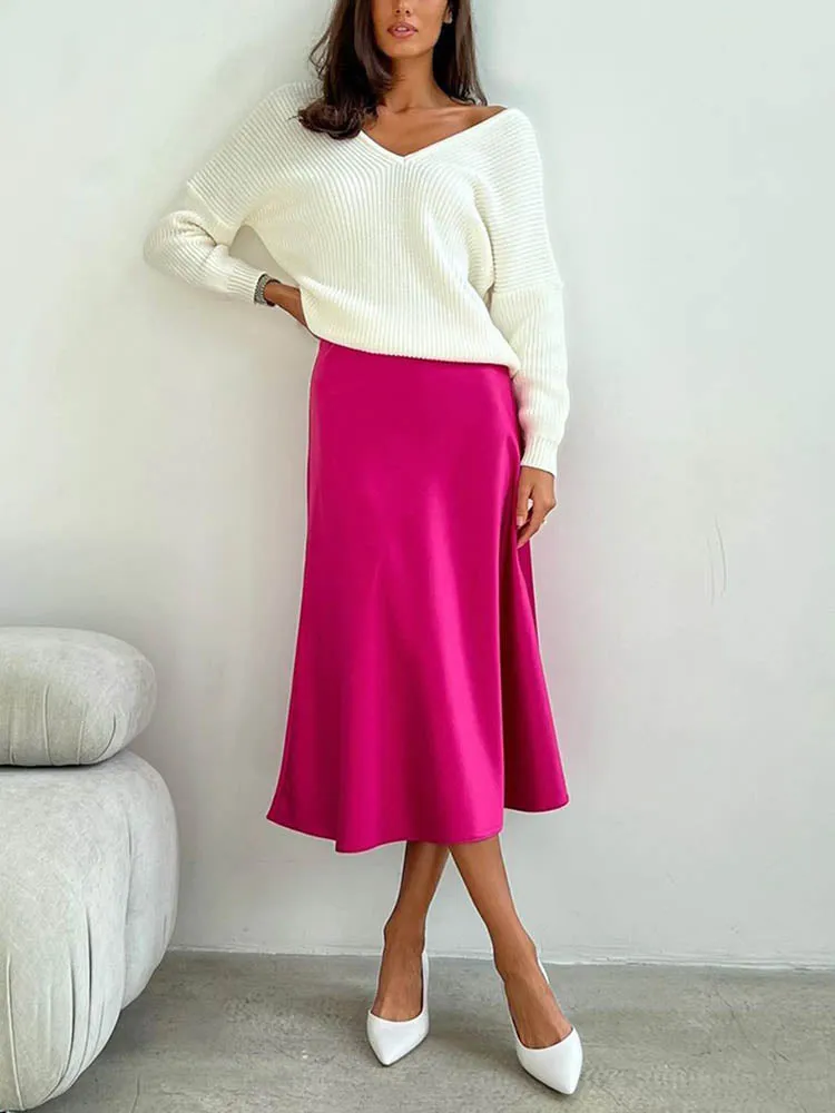 Elegant Women's Skirts Korean Fashion Satin Silk A-line Skirt Office Black Champagne Long Summer Skirts