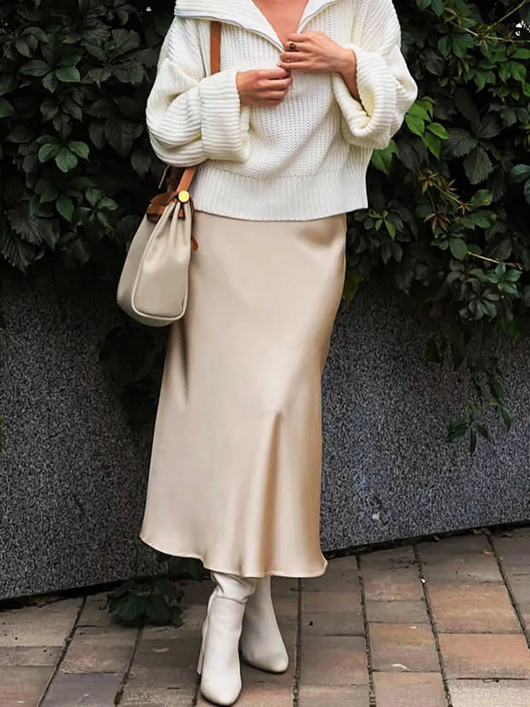 Elegant Women's Skirts Korean Fashion Satin Silk A-line Skirt Office Black Champagne Long Summer Skirts