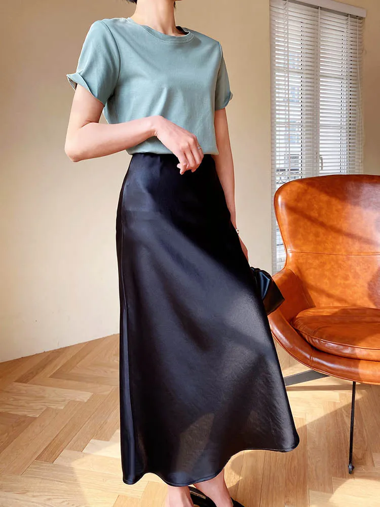Elegant Women's Skirts Korean Fashion Satin Silk A-line Skirt Office Black Champagne Long Summer Skirts