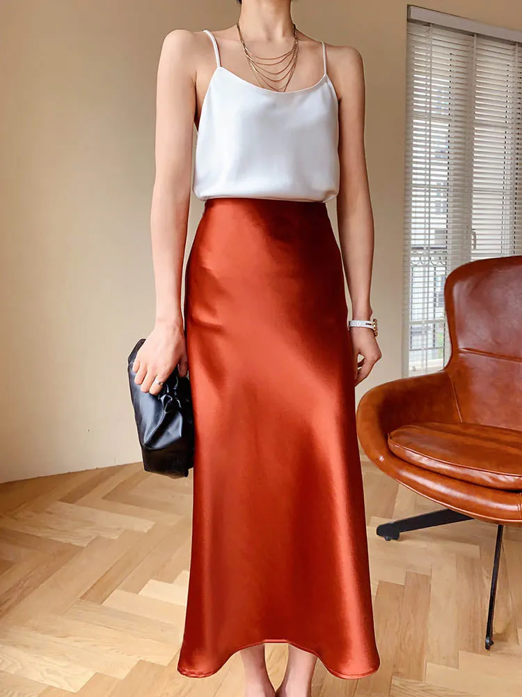 Elegant Women's Skirts Korean Fashion Satin Silk A-line Skirt Office Black Champagne Long Summer Skirts