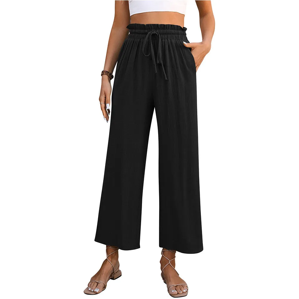 Women Clothing Spring Summer Casual Solid Color Loose Cotton Linen High Waist Wide Leg Trousers Women